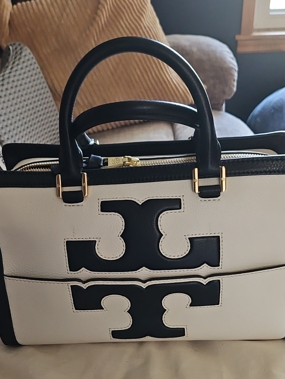 Tory Burch Black and White Leather Logo Tote